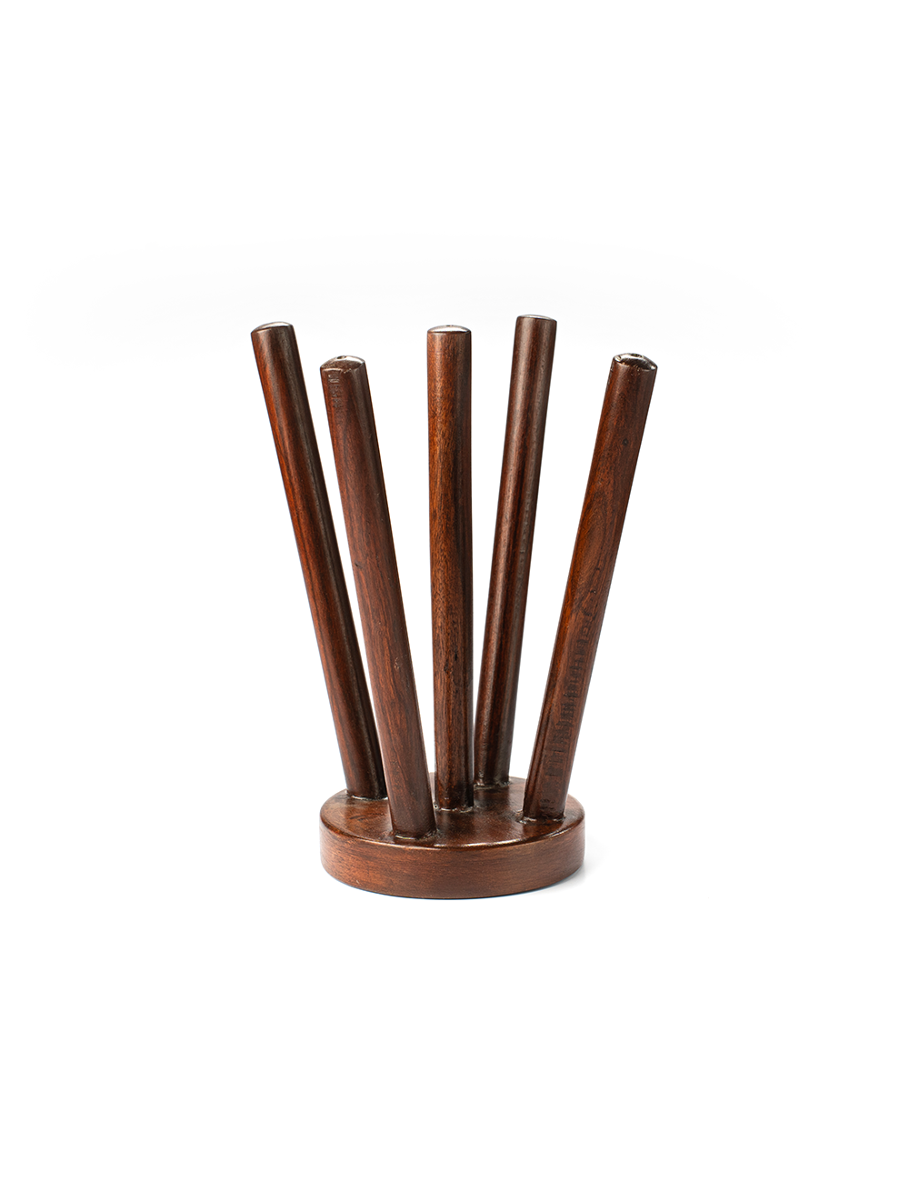 A wooden chocolate glass holder with multiple upright slots for stemware, displayed against a white background.