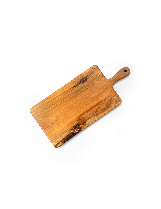 A rectangular beech cutting board with a handle, displaying natural wood grain patterns.
