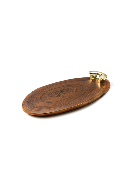 A wooden serving platter with a stainless steel handle, displaying natural wood grains and a rounded shape.