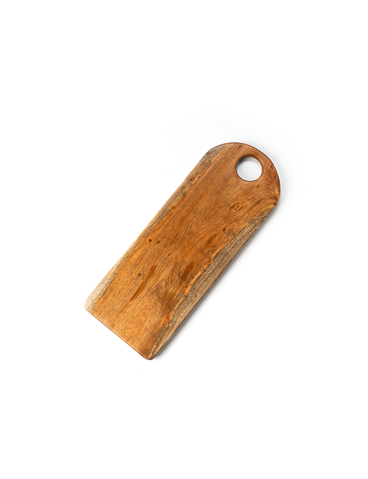 A tan-colored wooden cutting board with a rounded handle, displayed against a white background.