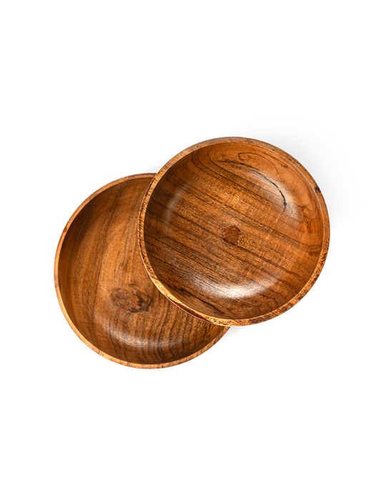 Two handcrafted wooden bowls made from wood, displayed on a white background.