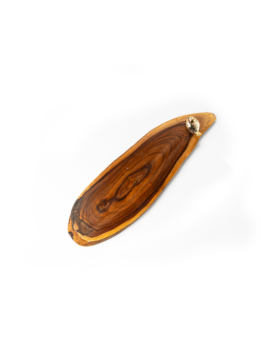 A wooden hickory platter with a bird shaped handle, isolated on a white background.