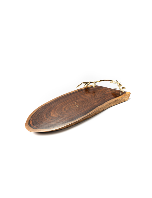 A brown wooden platter with a brass handle, isolated on a white background.