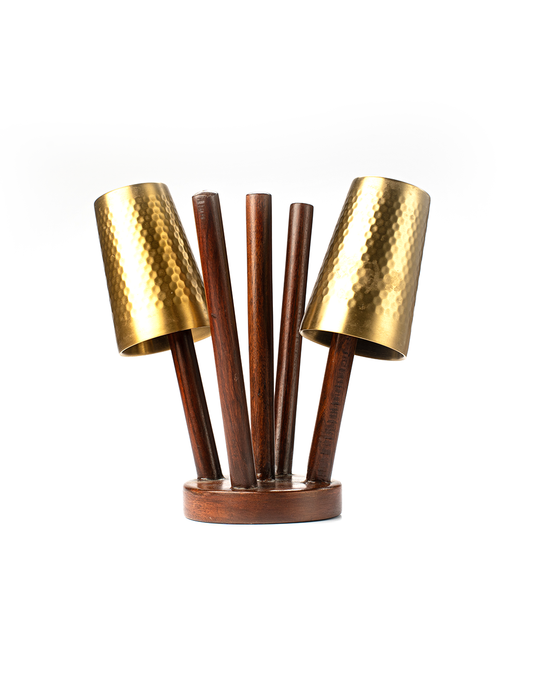 A wooden chocolate glass holder with multiple upright slots for stemware, displayed against a white background.