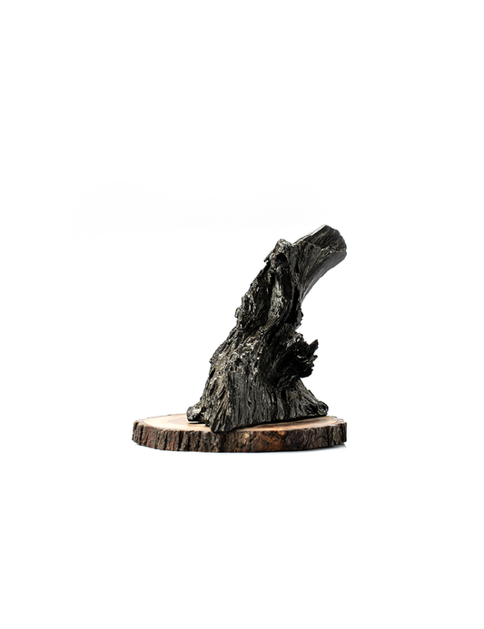 A brown wooden stand with a rough, natural texture and a polished finish, displayed against a white background.