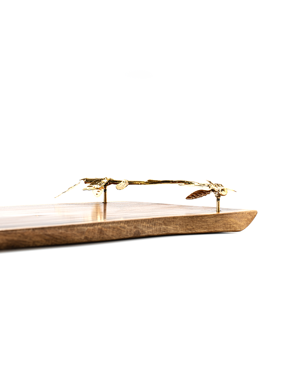A brown wooden platter with a brass handle, isolated on a white background.
