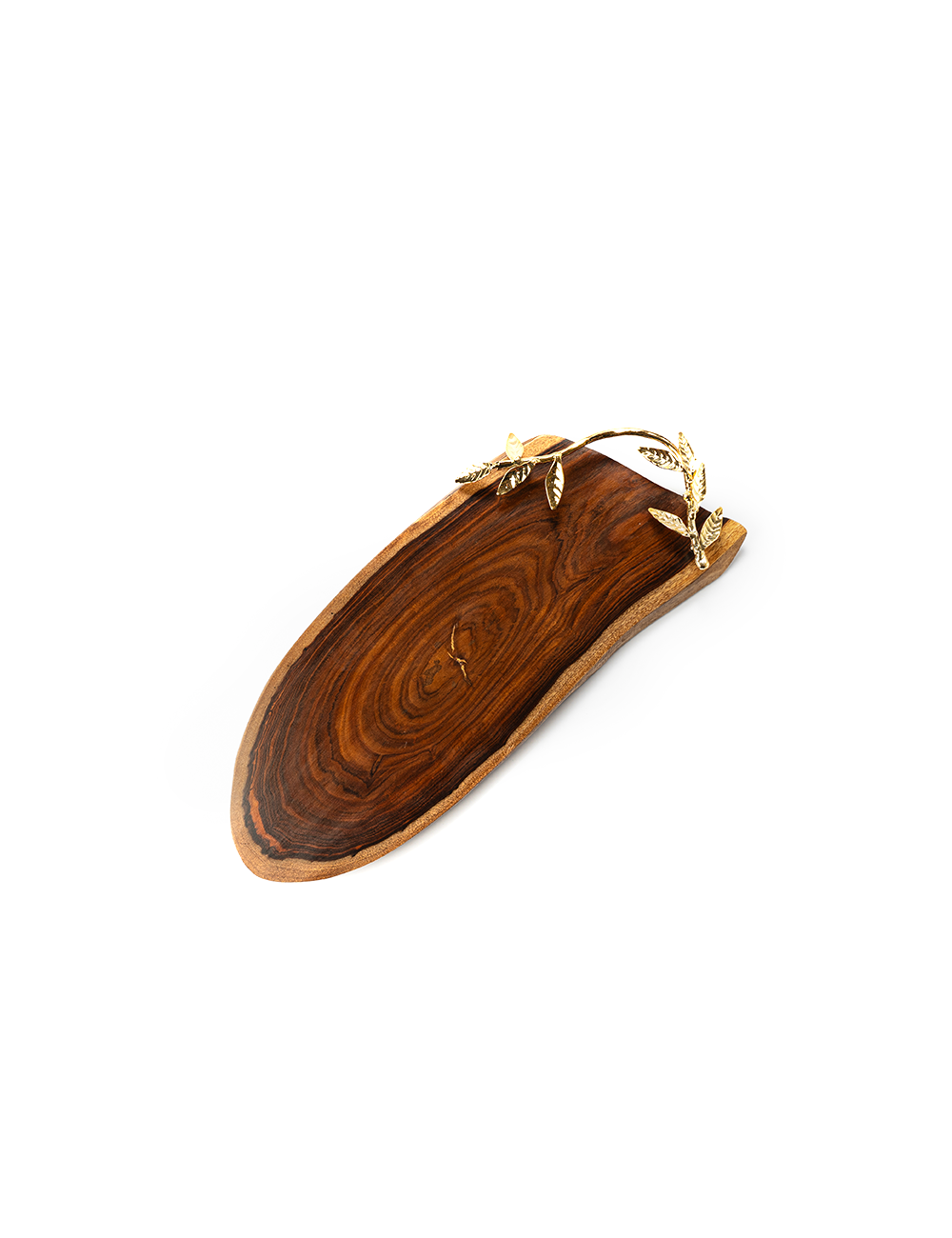 A brown wooden platter with a brass handle, isolated on a white background.