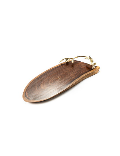 A brown wooden platter with a brass handle, isolated on a white background.