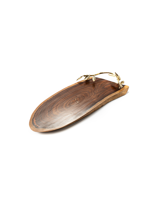 A brown wooden platter with a brass handle, isolated on a white background.