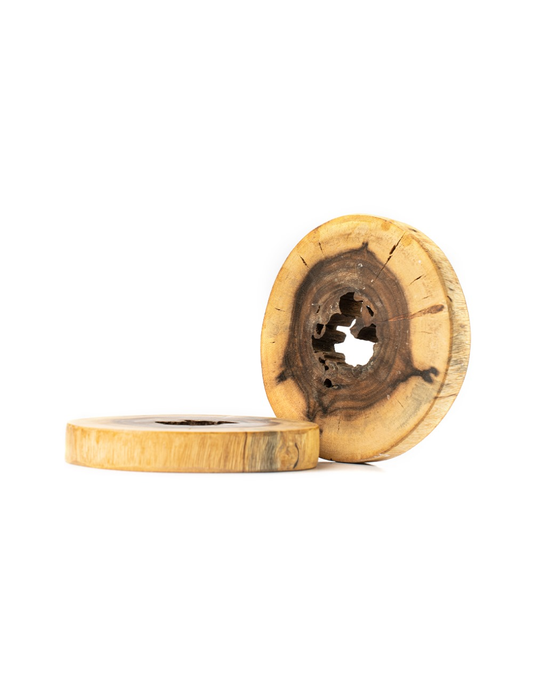 Two Chestnut Penny Coasters made of Kikar wood, displayed against a white background.