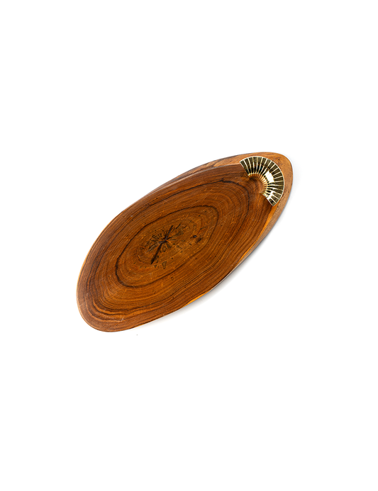 A wooden serving platter with a stainless steel handle, displaying natural wood grains and a rounded shape.