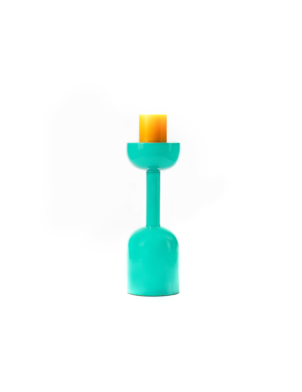 A vibrant cyan candle stand with a candle on top, isolated on a white background.
