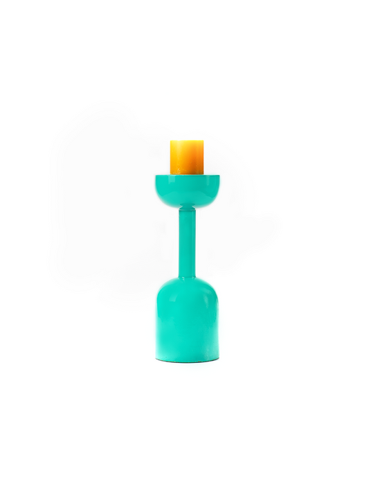 A vibrant cyan candle stand with a candle on top, isolated on a white background.