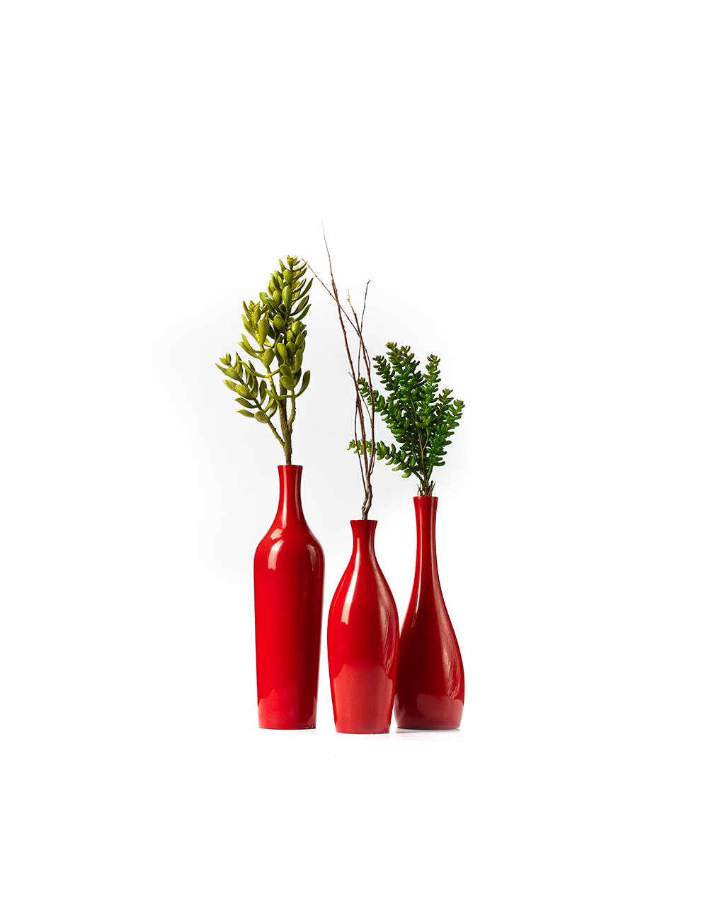 Three red colored metallic stands with a high-gloss finish, displayed against a white background. Each stand has a decorative element on top, creating a visual appeal for home decor.