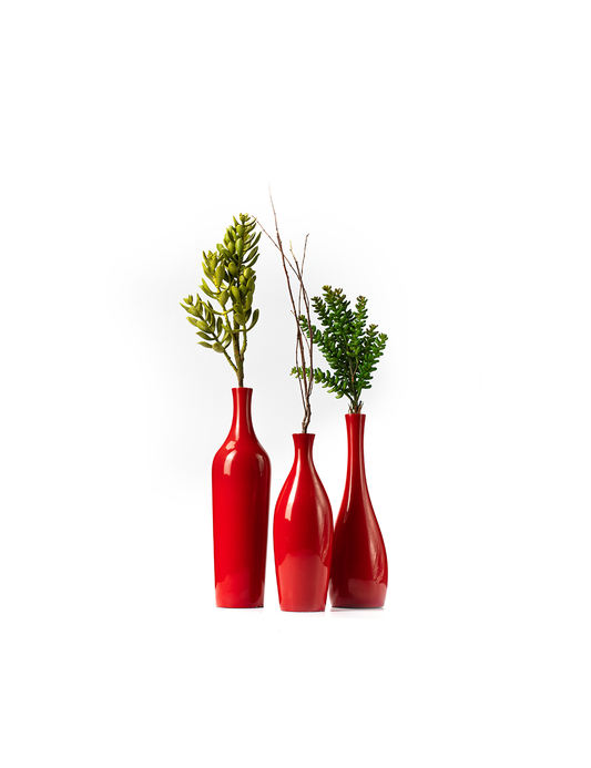 Three red colored metallic stands with a high-gloss finish, displayed against a white background. Each stand has a decorative element on top, creating a visual appeal for home decor.