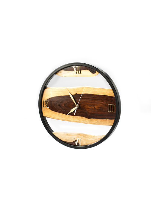 A wall clock with a black frame and wooden elements, featuring a minimalist design with hour, minute, and second hands.