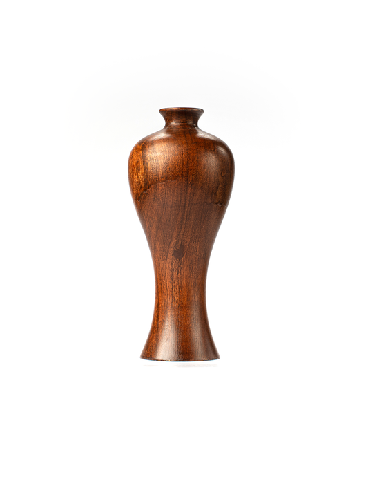 A handcrafted brown wooden vase with a smooth finish and natural grain patterns.