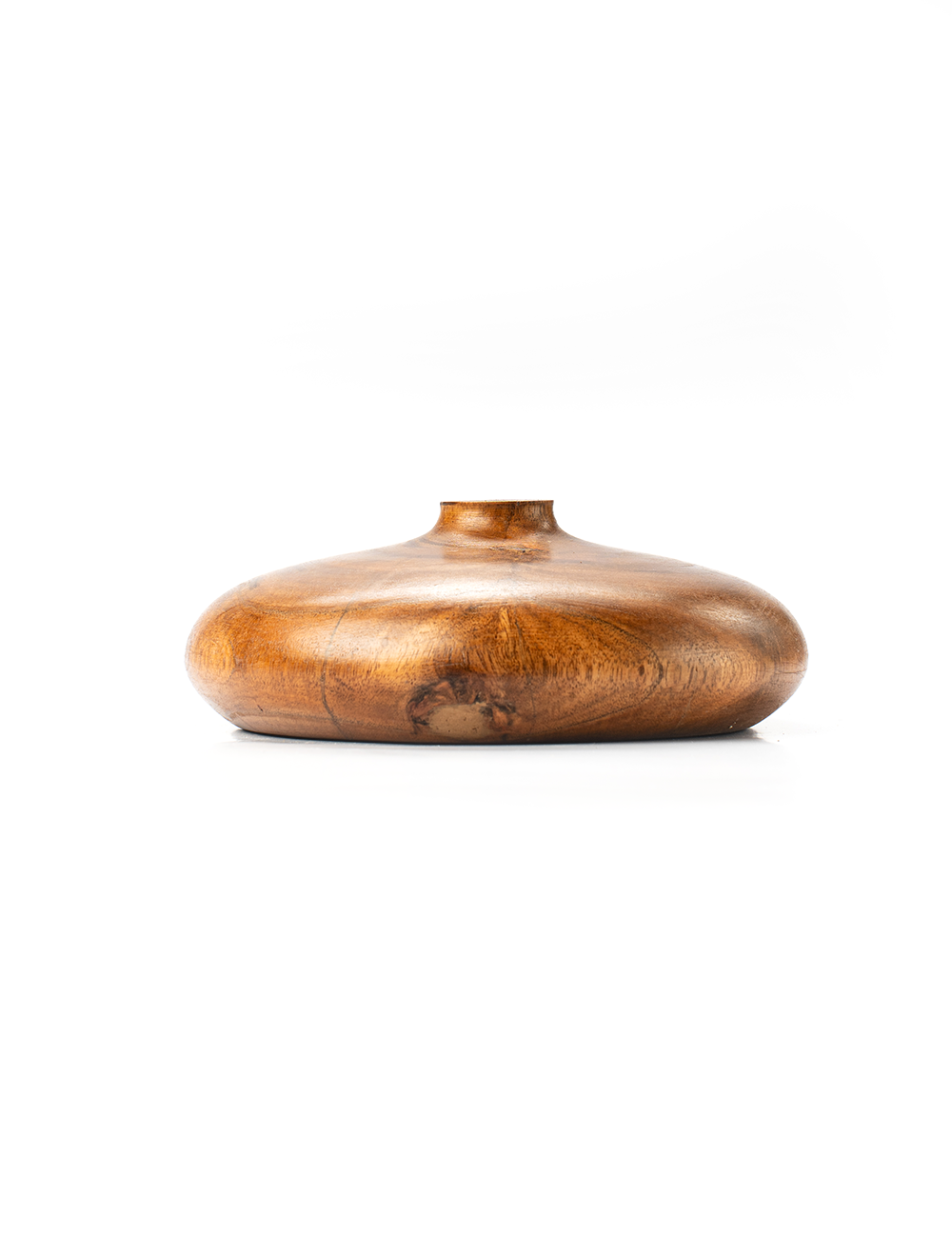 A handcrafted brown wooden vase with a rounded top and a visible wood grain texture.