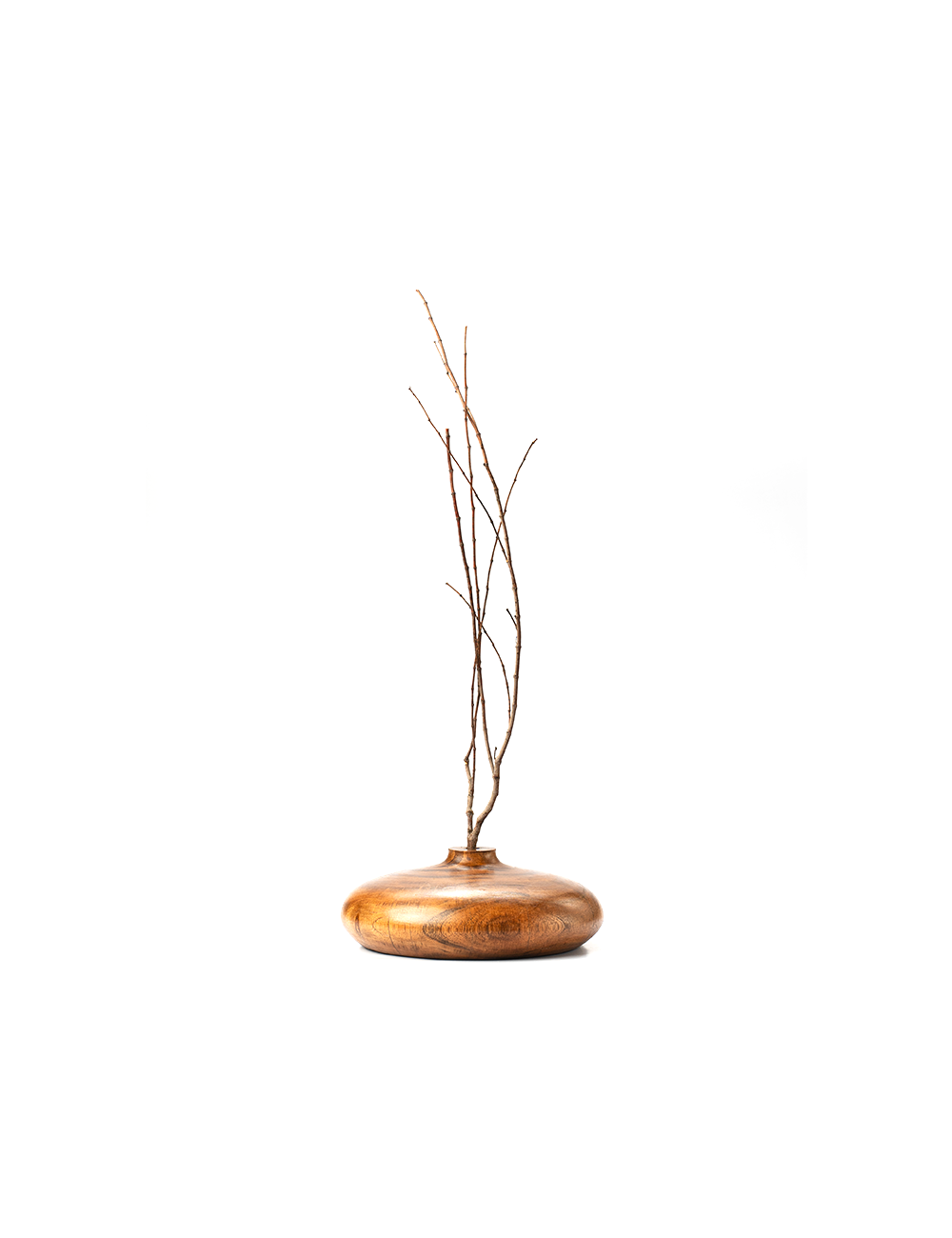 A handcrafted brown wooden vase with a rounded top and a visible wood grain texture.