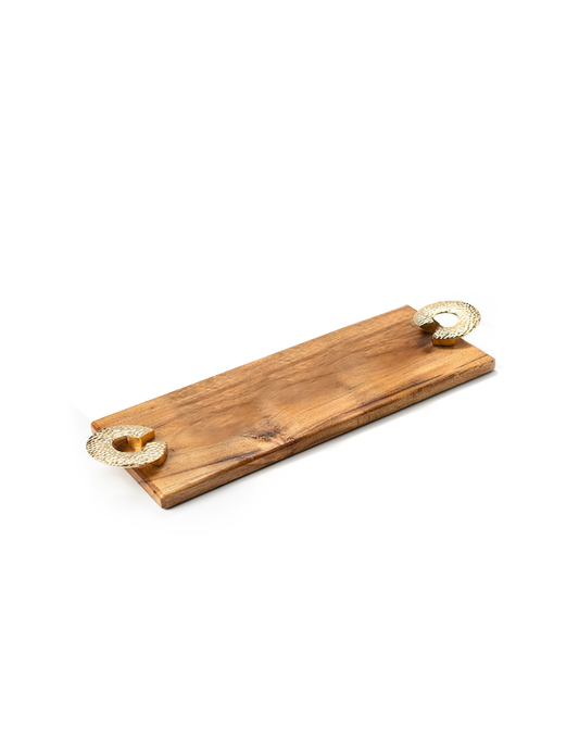 A wooden ginger bread board with a stainless steel handle, isolated on a white background.