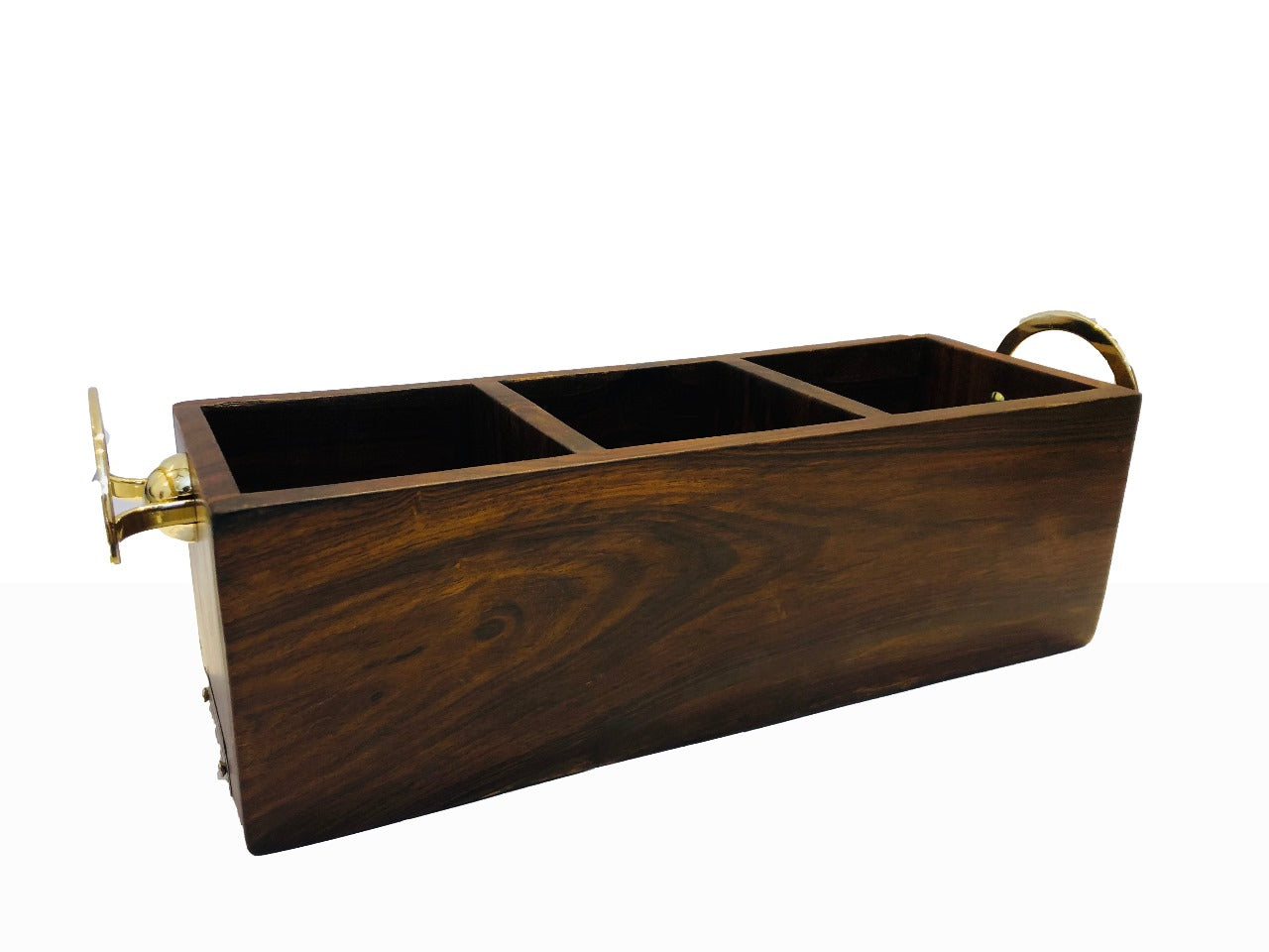 Wooden holder box with gold accents on a white background