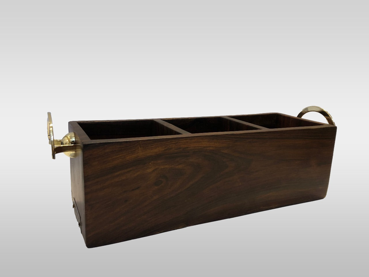Wooden utensil holder box with gold accents on a white background